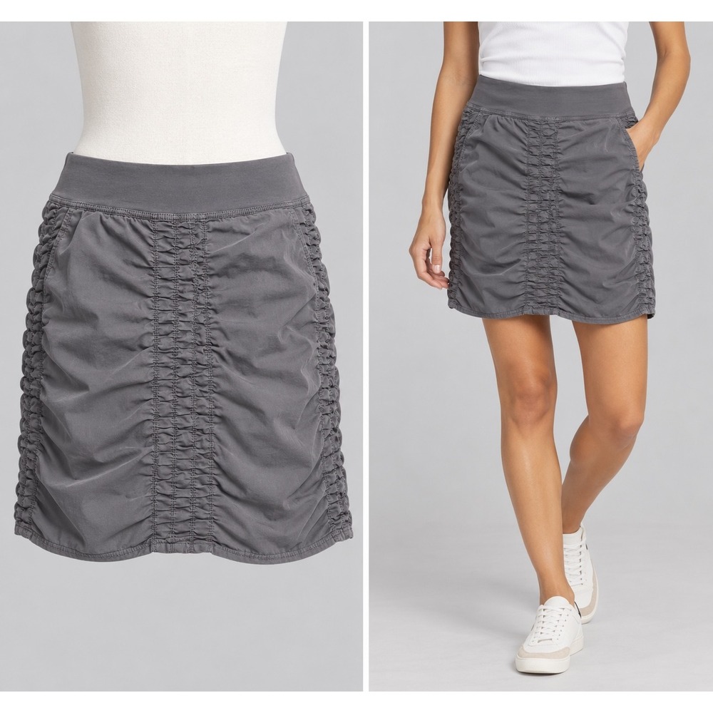 XCVI Wearables Trace Skirt Large Gray Ruched Front Mini Cotton Stretch Casual